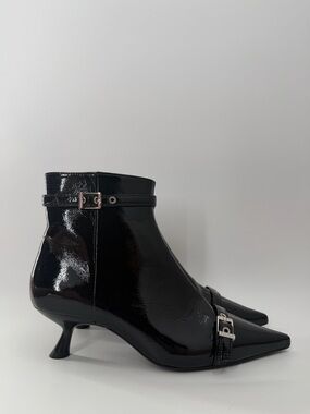 Ganni Black Eyelets Buckled Vinyl Leather Pointed Toe Kitten Heel Ankle Boots